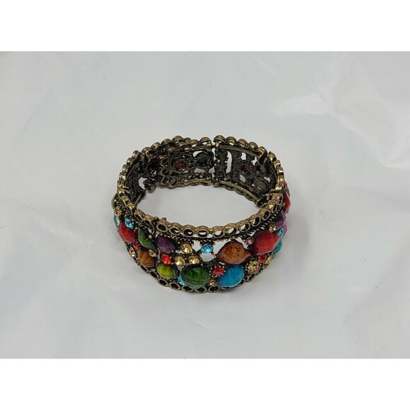 Jeweled Boho Bangle Cuff Bracelet Hinged Gold Tone Rhinestones - Picture 1 of 3